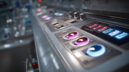 Aufkleber - Close up of a scientist's hand manipulating illuminated buttons and dials on an advanced control panel, surrounded by oxygen tanks, within a high tech laboratory setting