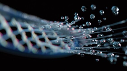 Poster - Molten foam droplets are injected into the hollow framework of a tennis racket core during the extrusion process, showcasing precision manufacturing against a black background