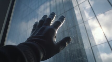 Poster - Gloved hand touching a skyscraper window pane, reflecting the sleek profile of a modern building against an urban skyline and clouds, evoking wonder and contemplation