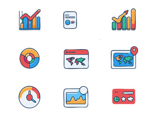 Poster - Digital technology data analytics icons charts, graphs, maps, and performance metrics vector icon 