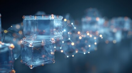 Aufkleber - Crystal monomers stored in transparent containers reveal complex network of interconnected nodes, symbolizing innovative potential of fundamental scientific building blocks against blue background