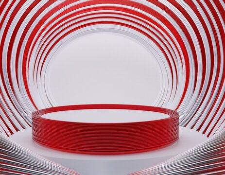 white abstract stage mockup red metallic round podium sleek white lines as dynamic spiral pattern on white 3d rendering stylish scene for presentation product showing cosmetic displaying goods