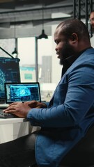 Poster - Vertical Video Business specialist engages with AI big data and predictive analytics, using smart work solutions and cloud computing for adaptive strategies. Artificial intelligence algorithms. Camera