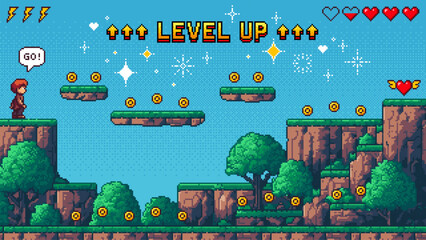Poster - Pixelated game scene from a platformer with a character on a cliff and floating coins. Retro gaming art vector for mobile app or web development.