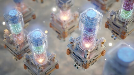 Poster - Compact modular bioreactors float gently in a pristine laboratory environment, showcasing their efficient design and potential for scalable production in a space saving manner