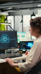 Poster - Vertical Video Office administrator checking monthly reports with AI analytics platform, employing neural networks algorithms and automation for business productivity. IT company representative at