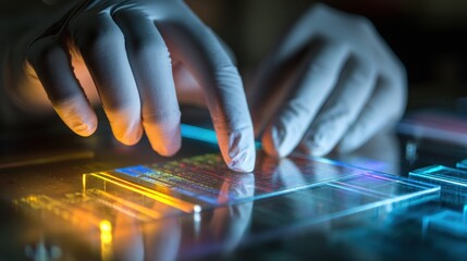 Aufkleber - Gloved hands placing a thin layer of perovskite on a silicon substrate, illuminated in vibrant orange and blue hues, showcase precision and innovation in material science research