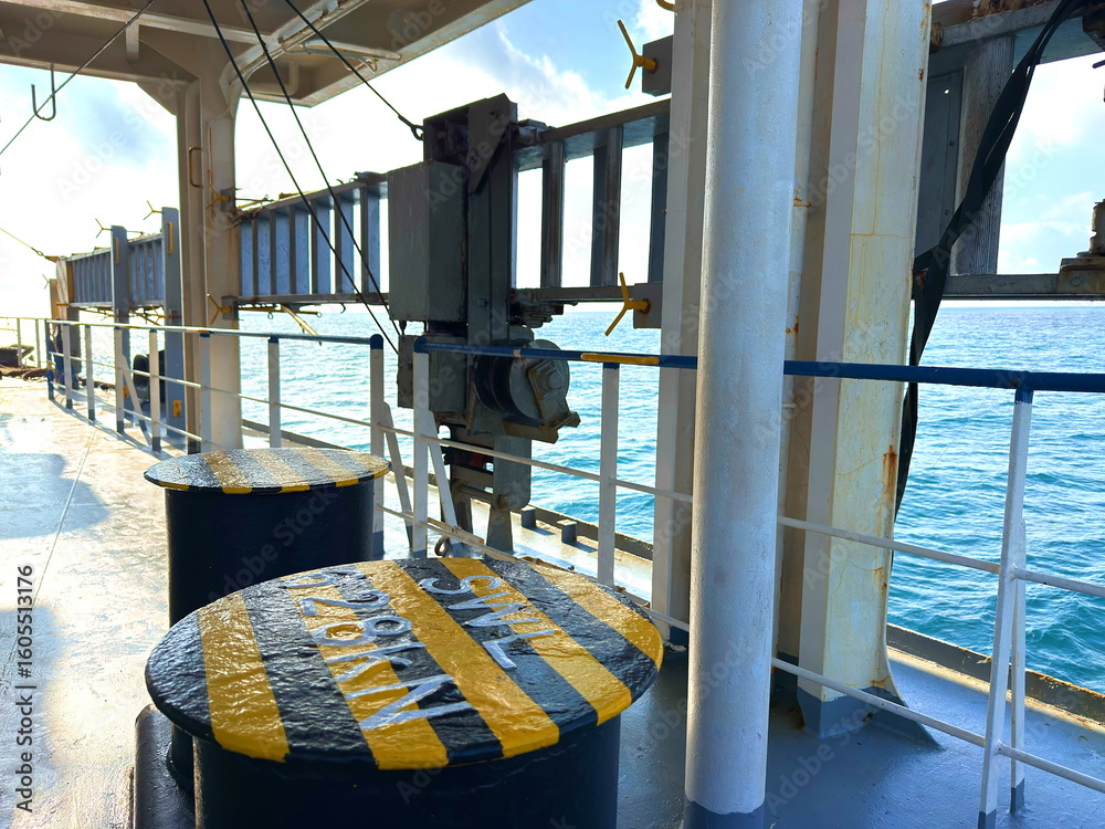 ship gung way ladder lashed. mooring bollards Stock Photo | Adobe Stock