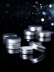 Aufkleber - Shiny silver coins are stacked on a dark reflective surface. The bokeh effect adds a dreamy atmosphere to this simple yet elegant composition. Ideal for finance and luxury themes. AI