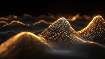 Aufkleber - Golden grid lines form a digital landscape with illuminated peaks on a black background, creating a visually appealing abstract representation of data flow or terrain