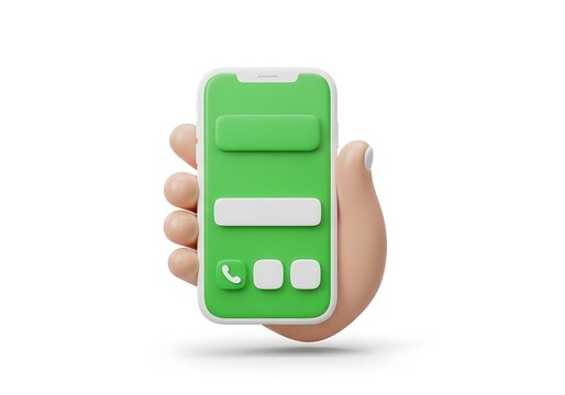 A cartoon hand holding a green smartphone displaying a simple interface.