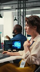 Poster - Vertical Video Woman analyst uses AI neural networks for data mining and optimization, working in a multinational company with automation tools. Artificial intelligence digital tools for success