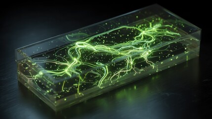 Poster - Transparent organ on a chip revealing microfluidic channels with flowing nutrients through illuminated vascular network, showcasing biomedical engineering innovations