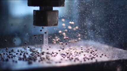 Poster - Fine mist particles interact with the surface of seeds during a plasma coating process, enhancing moisture resistance and potentially improving germination and growth