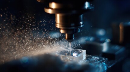 Poster - Automated microgrinding machine is precisely polishing a sapphire lens with a fine mist of polishing agents in a controlled industrial environment