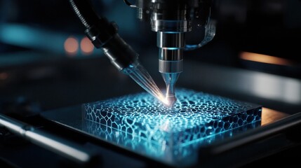 Poster - Automated precision machinery uses uv light to solidify a hydrogel substance, creating a form fitting medical dressing in a controlled laboratory environment
