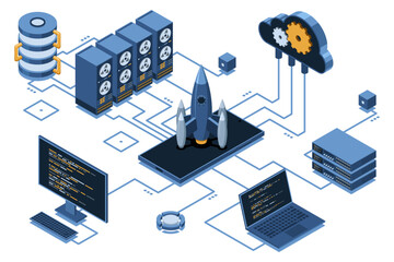 Poster - Isometric business startup. Business startup team launching rocket with computer and server. Startup your project. Launch concept. Isometric technology