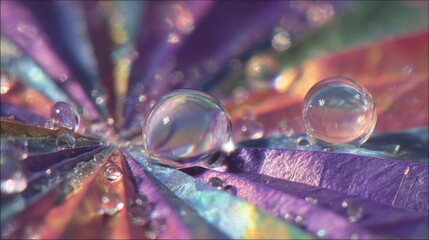 Poster - Magnified droplets of uv activated resin cure and bond layers of iridescent origami paper, showcasing a mesmerizing interplay of light, texture, and material transformation