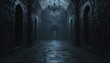 © Pete - Long dark stone corridor within medieval dungeon castle hall. Arched doorways line walls, leading deeper into gloomy, empty passage. Ornate chandeliers hang from high, vaulted ceiling, casting eerie