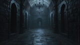 Long dark stone corridor within medieval dungeon castle hall. Arched doorways line walls, leading deeper into gloomy, empty passage. Ornate chandeliers hang from high, vaulted ceiling, casting eerie