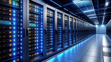 Poster - Interior view of a server room featuring rows of data storage racks with blue lighting. Shows computer equipment, network infrastructure, and advanced technology.