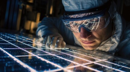 Poster - Quality control engineer meticulously examines solar panel surface, ensuring uniform coating application, reflecting lights of the clean room in protective goggles