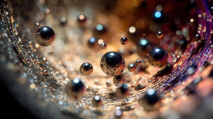 Poster - Metallic spheres dancing within ferrofluid droplet, revealing intricate magnetic interactions underlying precise welding methodology and advanced materials science principles