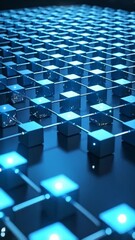Poster - Interconnected Blue Cubes: Abstract Network of Geometric Shapes in 3D Render, Representing Blockchain, Connections, and Modern Technology