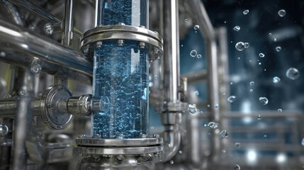 Poster - water purification system actively filtering impurities, showcasing bubbles rising within a transpar