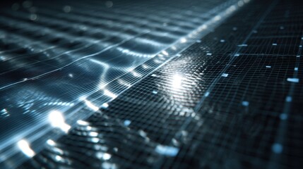 Poster - Artificial light revealing intricate silicon layering and textural details on reflective surface of advanced solar cell, showcasing technological innovation in sustainable energy design