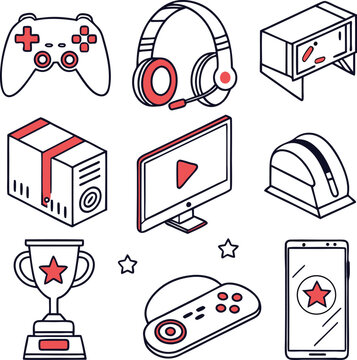 Collection of isometric gaming icons including a gamepad headset computer tower monitor mouse trophy and smartphone isolated on transparent background