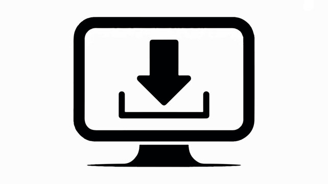 Minimalist black and white computer monitor icon with a downward arrow for technology and data