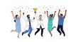 © Power Clipart - Healthcare heroes celebrate a victorious achievement together holding a championship trophy with confetti falling around them