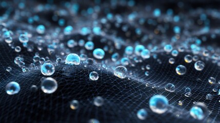 Poster - Microscopic water droplets bead on the surface of a dark polymer skin, showcasing its hydrophobic properties and highlighting the interplay between surface tension and material science