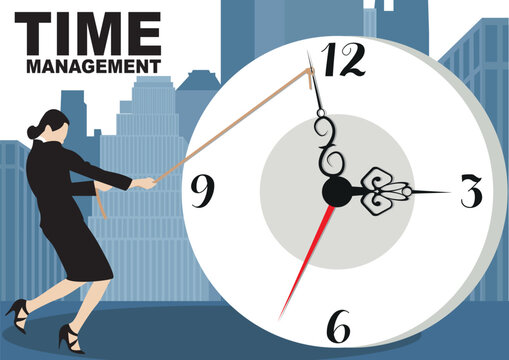 Time management concept banner. Use for web banner, info graphics, hero images. Flat vector on boarding illustration isolated on city background.