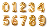 Set of gold foil number balloons from 0 to 9 arranged neatly on a white background