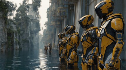 Aufkleber - advanced exoskeletons stand by a river, potentially planning an upgrade to a century old dam, showca