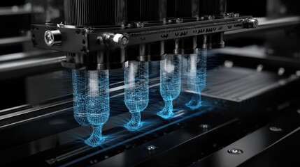 Poster - Precision calibrated bead printer dispensing probiotic cocktails through intricate nozzles, highlighting advanced biotechnology engineering and controlled liquid flow
