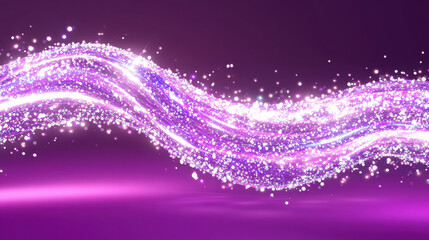 Fototapete - Abstract glowing wave of sparkling particles and light streaks. Digital flow of data on purple background for scientific or tech concept.