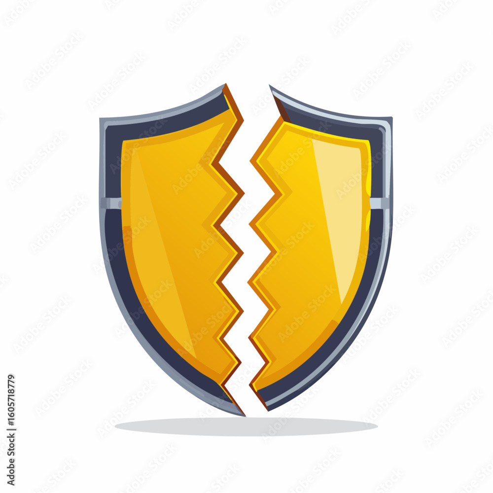 A cracked yellow shield with a gray border, split vertically down the middle on a white background.