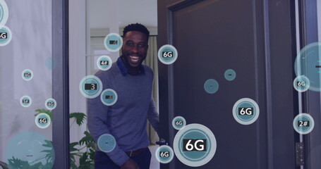 Poster - Stepping through black door man wearing grey sweater, blue shirt entering office, floating 6G icons