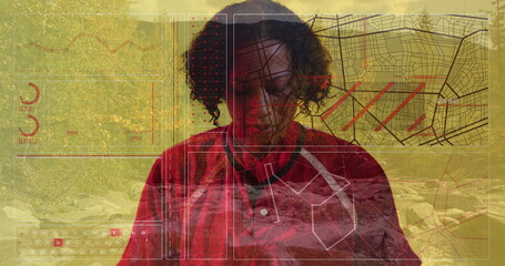 Poster - Woman in red collared shirt analyzing digital overlays in tech lab, with map grid panels visible