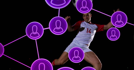 Poster - Jumping soccer player wearing white-red jersey 14 on field at night, with purple network icons
