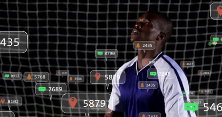 Poster - Standing player wearing blue white jersey in front of goal net, floating digital icons, copy space