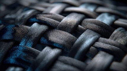 Poster - Macro shot capturing woven netting of basalt fiber, highlighting interlacing patterns and showcasing resilience with intricate craftsmanship in contrasting dark and light shades