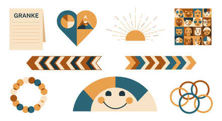Poster - Collection of geometric shapes including a list heart sun faces arrows bracelet and smiling rainbow