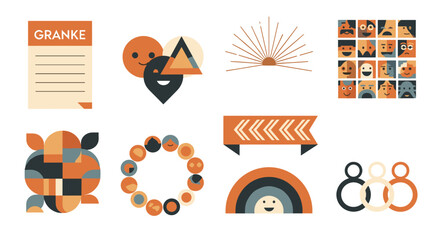 Poster - Collection of geometric and abstract shapes with faces and patterns in a flat design style art