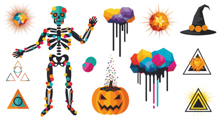 Poster - Colorful halloween themed illustration with skeleton pumpkin and geometric shapes on white background