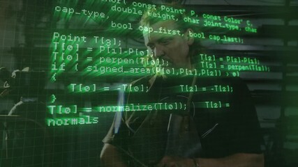 Poster - Green code overlay appearing on man standing in workshop while software algorithms scrolling