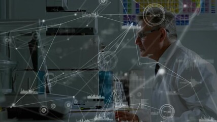 Poster - Senior scientist in laboratory inserting tube into device initiating overlay analyzing sample data